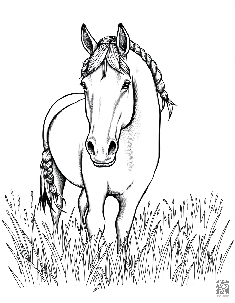A friesian horse with braided mane in a meadow coloring page Crosshatch style free printable