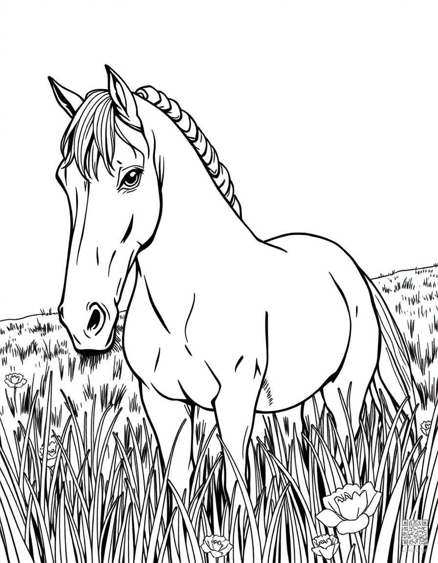 Free a friesian horse with braided mane in a meadow coloring page in manga style — printable line art