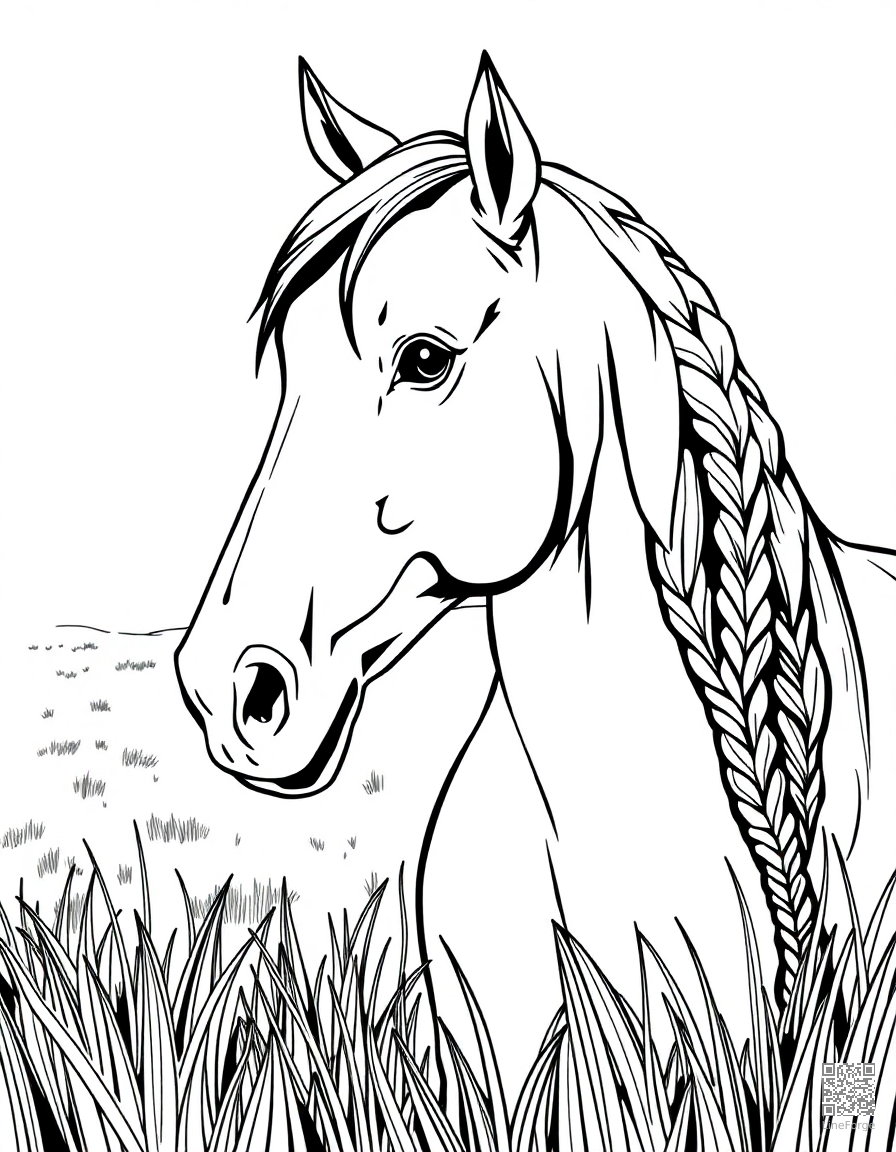 Free a friesian horse with braided mane in a meadow coloring page in manga style — printable line art