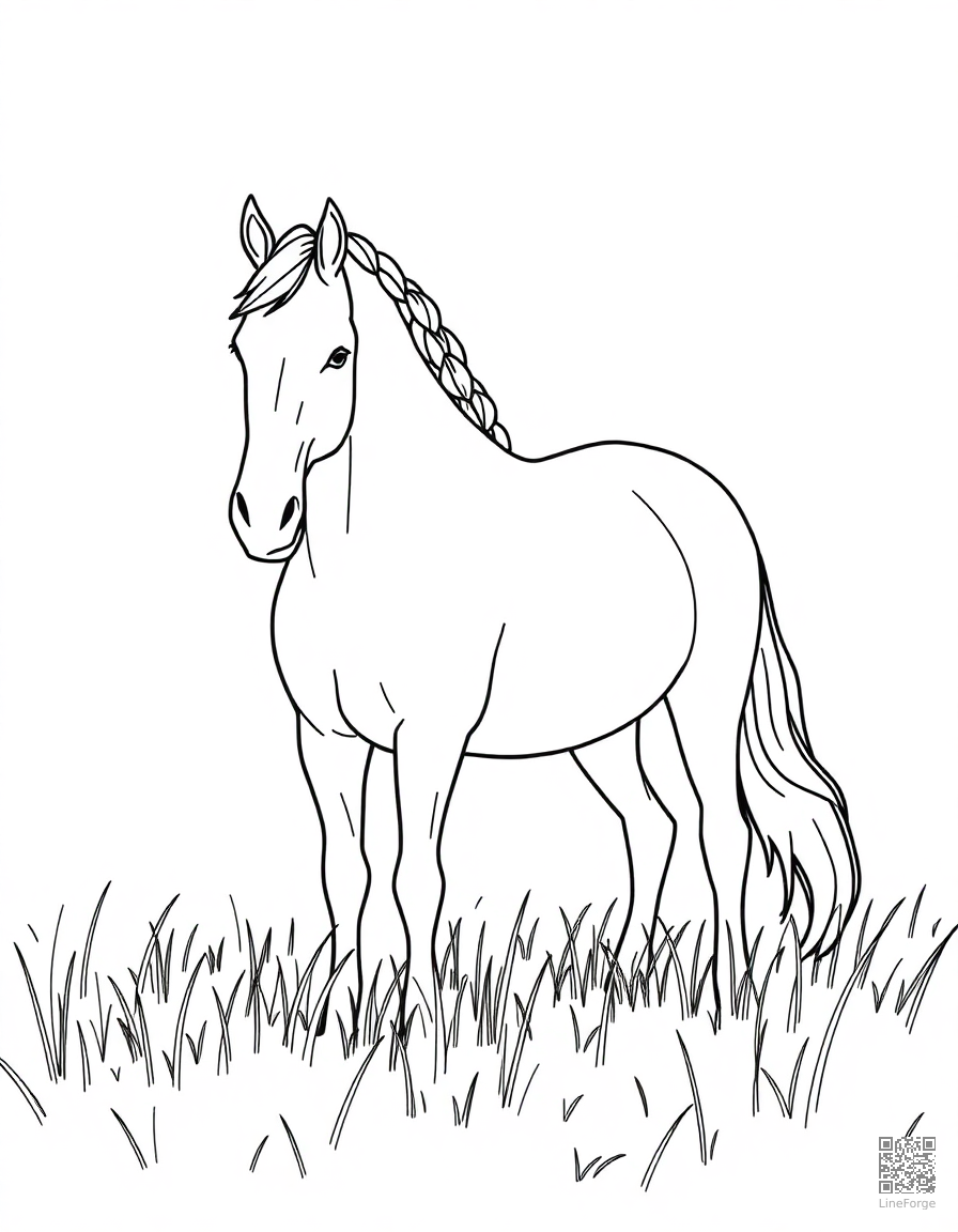 Free a friesian horse with braided mane in a meadow coloring page in minimal style — printable line art