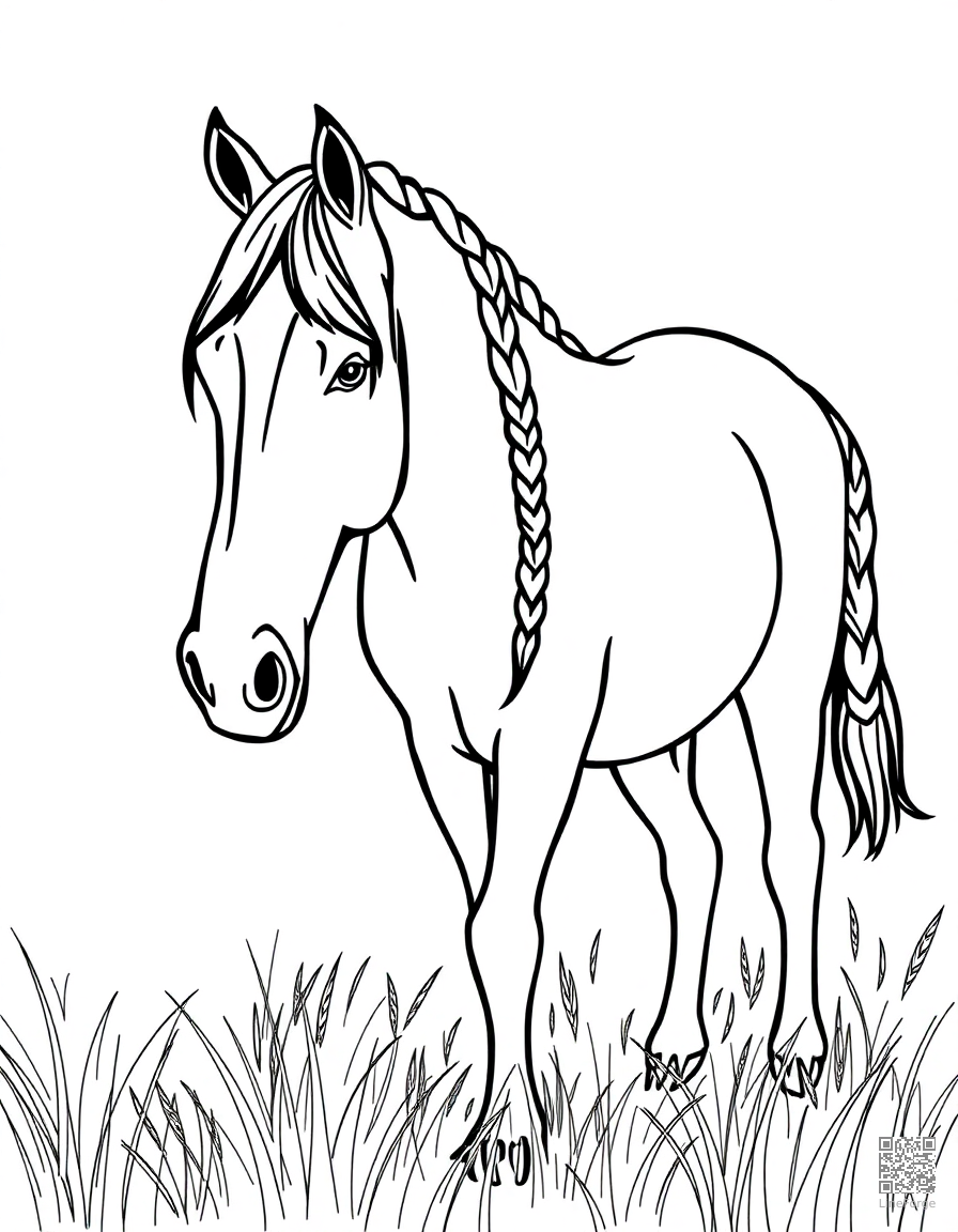 Free a friesian horse with braided mane in a meadow coloring page in minimal style — printable line art