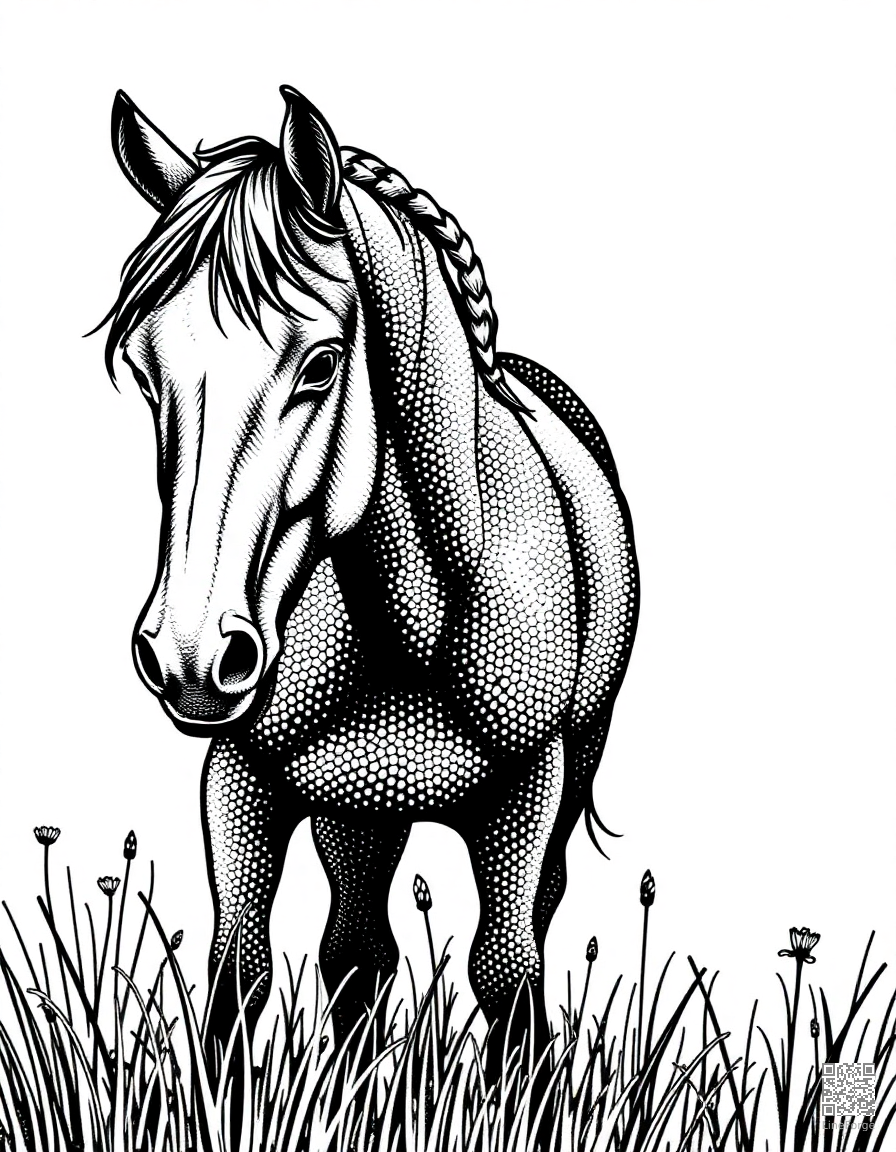 A friesian horse with braided mane in a meadow coloring page Stipple style free printable