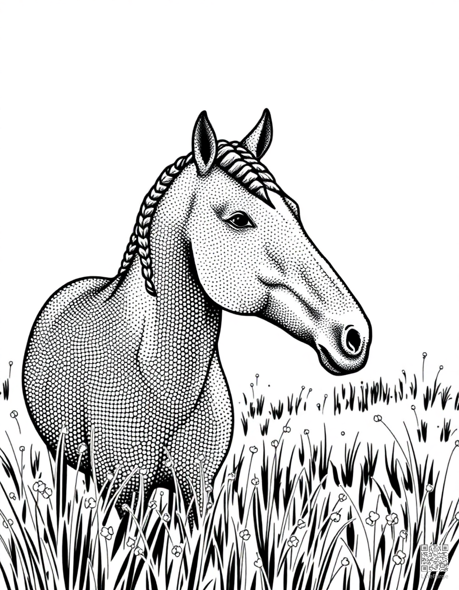 A friesian horse with braided mane in a meadow coloring page Stipple style free printable