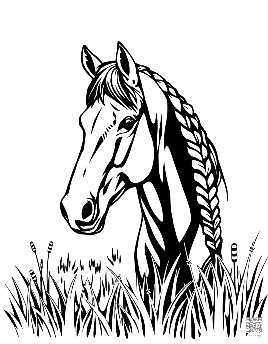Free a friesian horse with braided mane in a meadow coloring page in woodcut style — printable line art