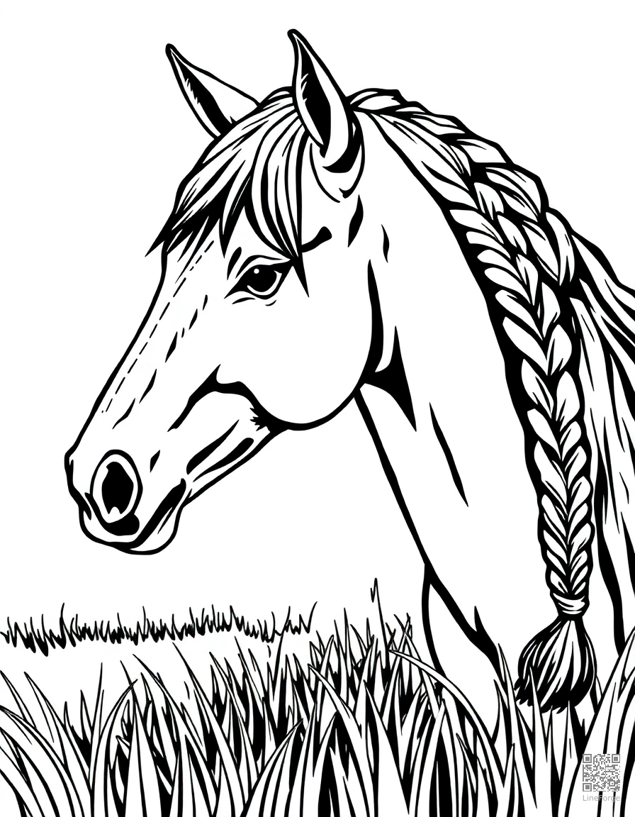 Free a friesian horse with braided mane in a meadow coloring page in woodcut style — printable line art