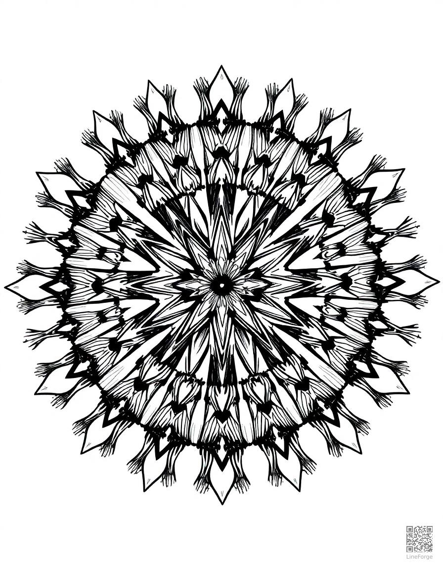 A geometric mandala with repeating star patterns coloring page Crosshatch style - free printable
