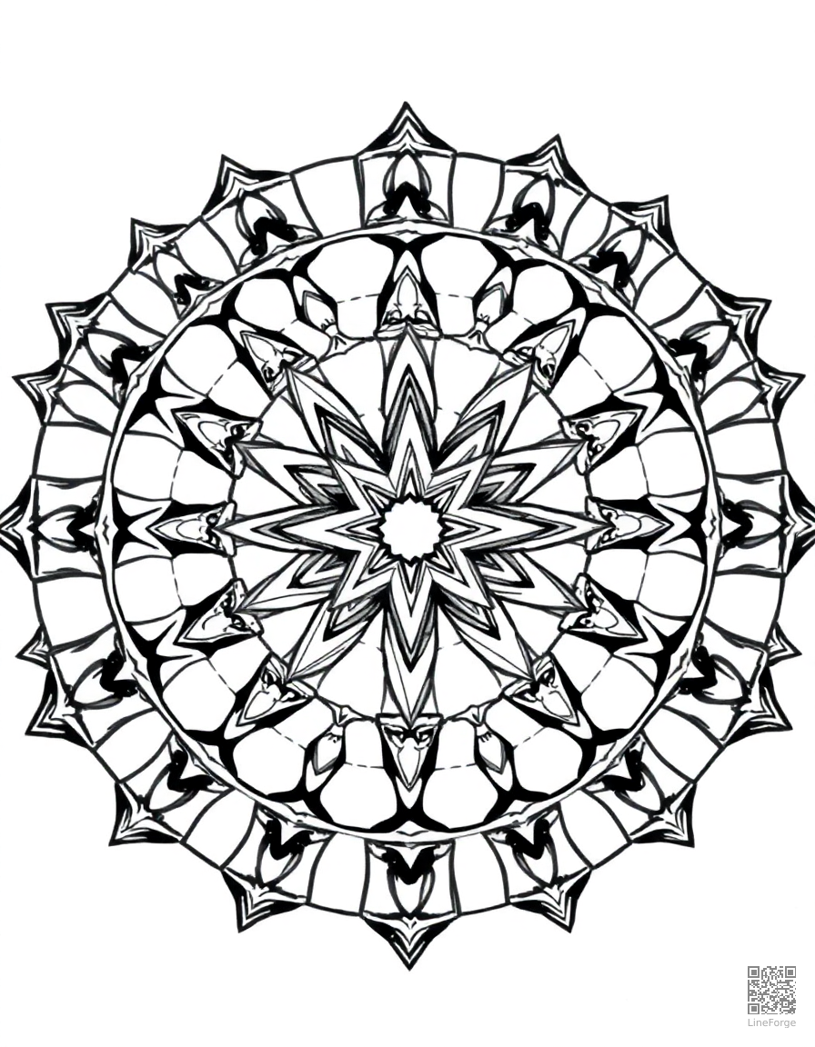 A geometric mandala with repeating star patterns coloring page Manga style - free printable