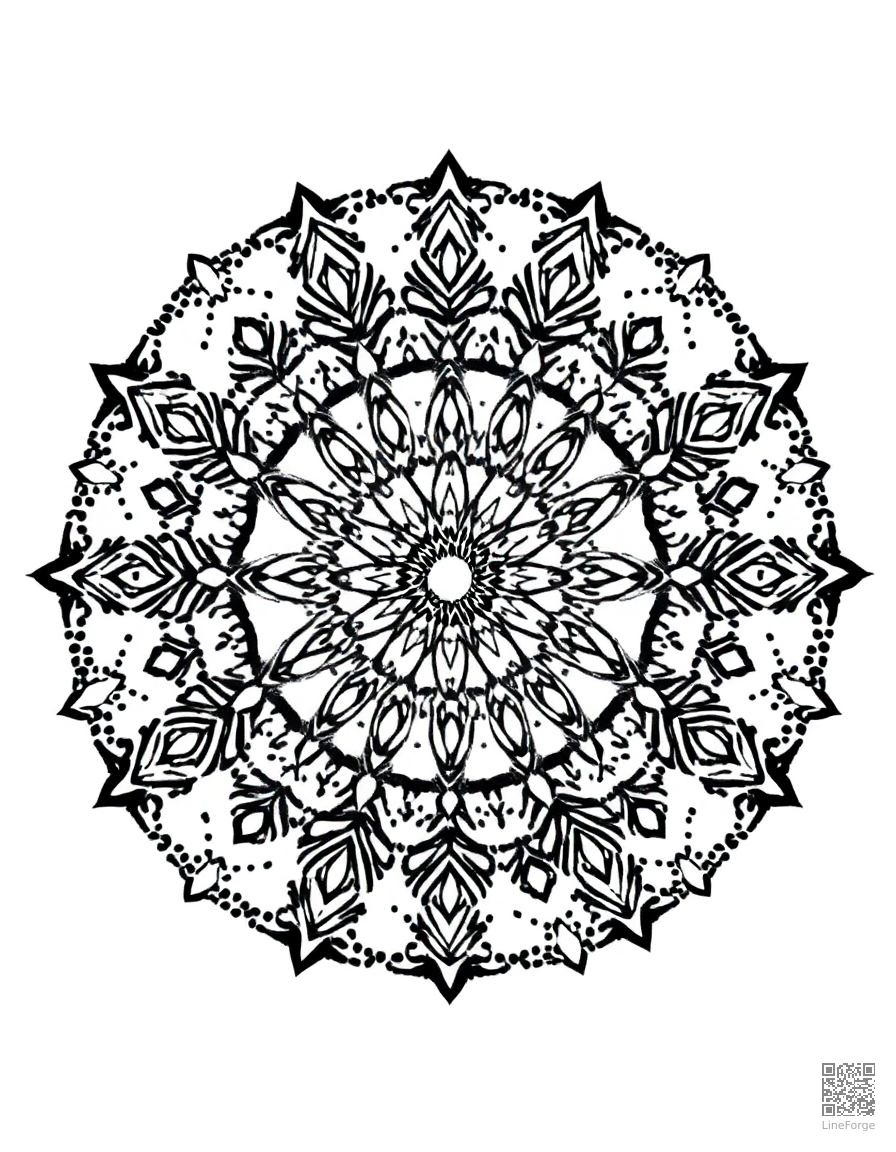 A geometric mandala with repeating star patterns coloring page Stipple style - free printable