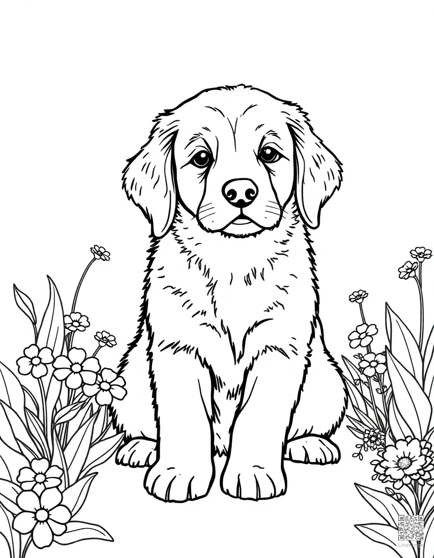 Free a golden retriever puppy sitting in a garden with flowers coloring page in contour style — printable line art