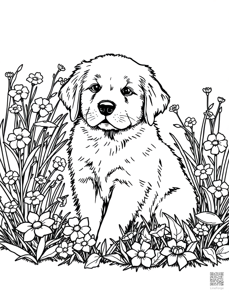 A golden retriever puppy sitting in a garden with flowers coloring page Crosshatch style - free printable