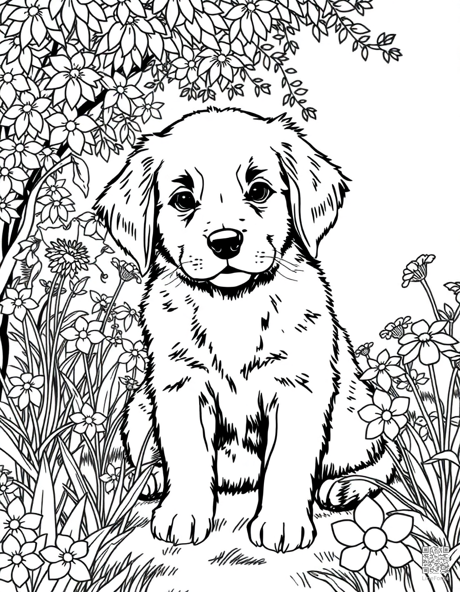 Free a golden retriever puppy sitting in a garden with flowers coloring page in manga style — printable line art