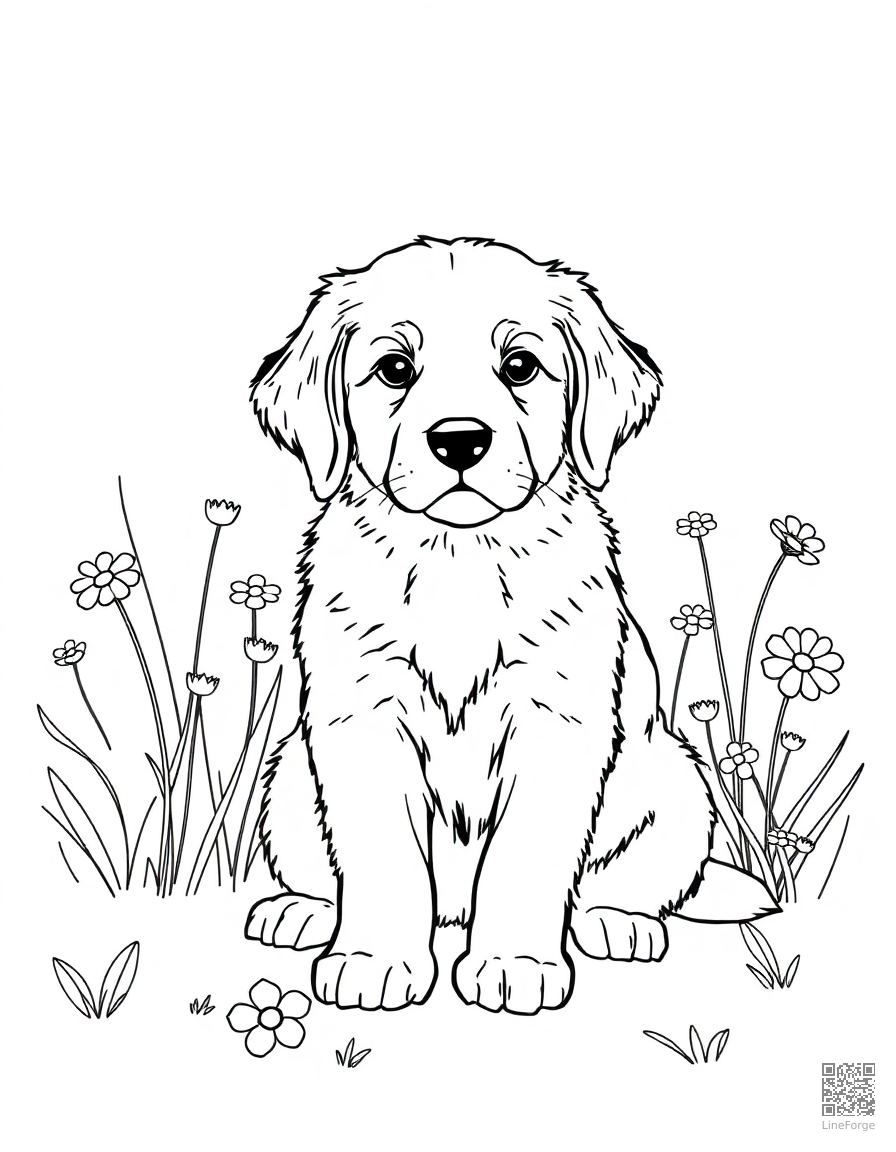 A golden retriever puppy sitting in a garden with flowers coloring page Minimal style - free printable