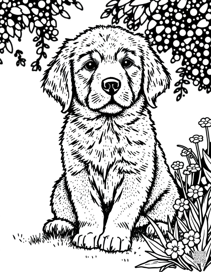 A golden retriever puppy sitting in a garden with flowers coloring page Stipple style - free printable
