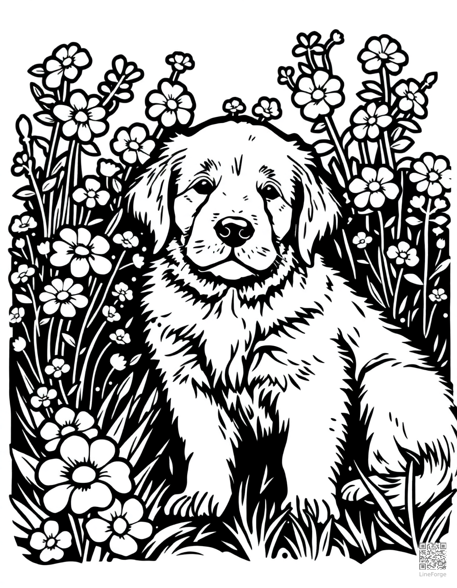 Free a golden retriever puppy sitting in a garden with flowers coloring page in woodcut style — printable line art