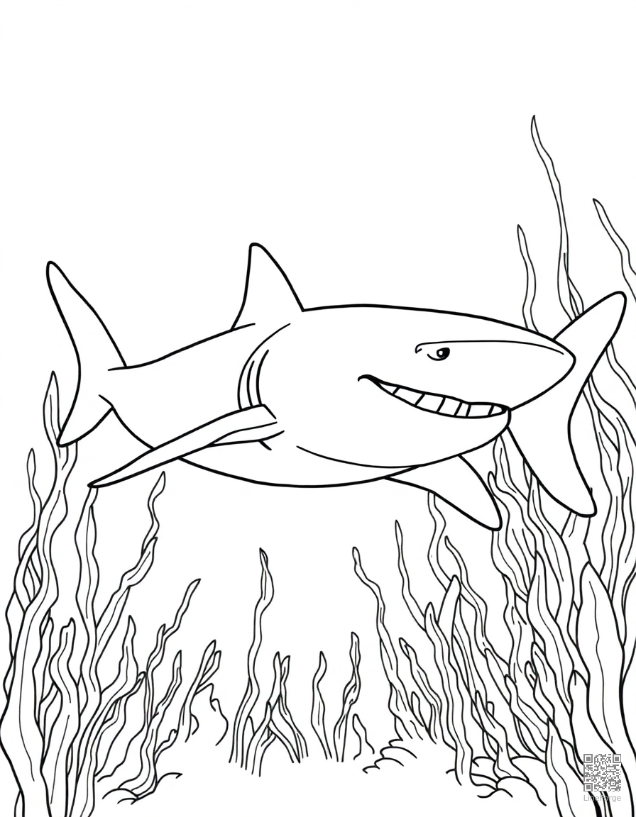 A great white shark swimming through kelp forest coloring page Contour style - free printable