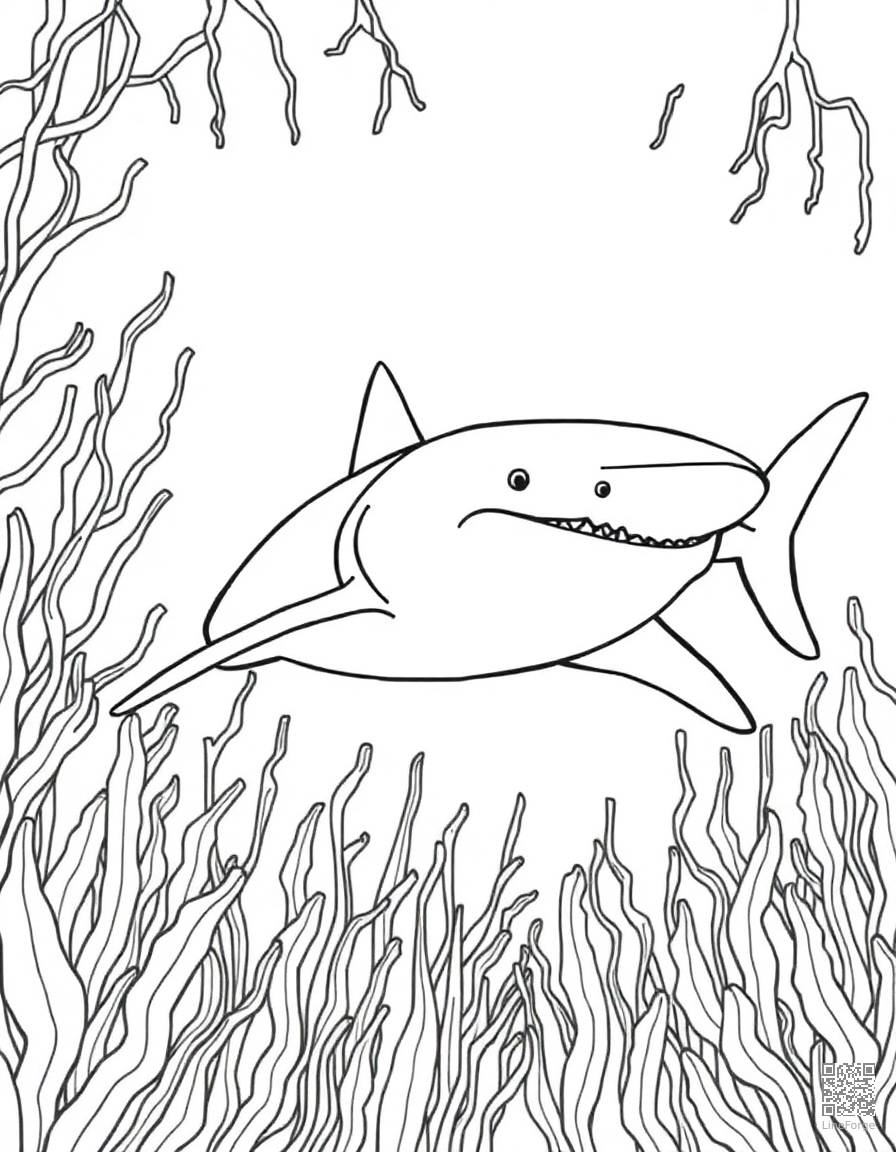 A great white shark swimming through kelp forest coloring page Contour style - free printable