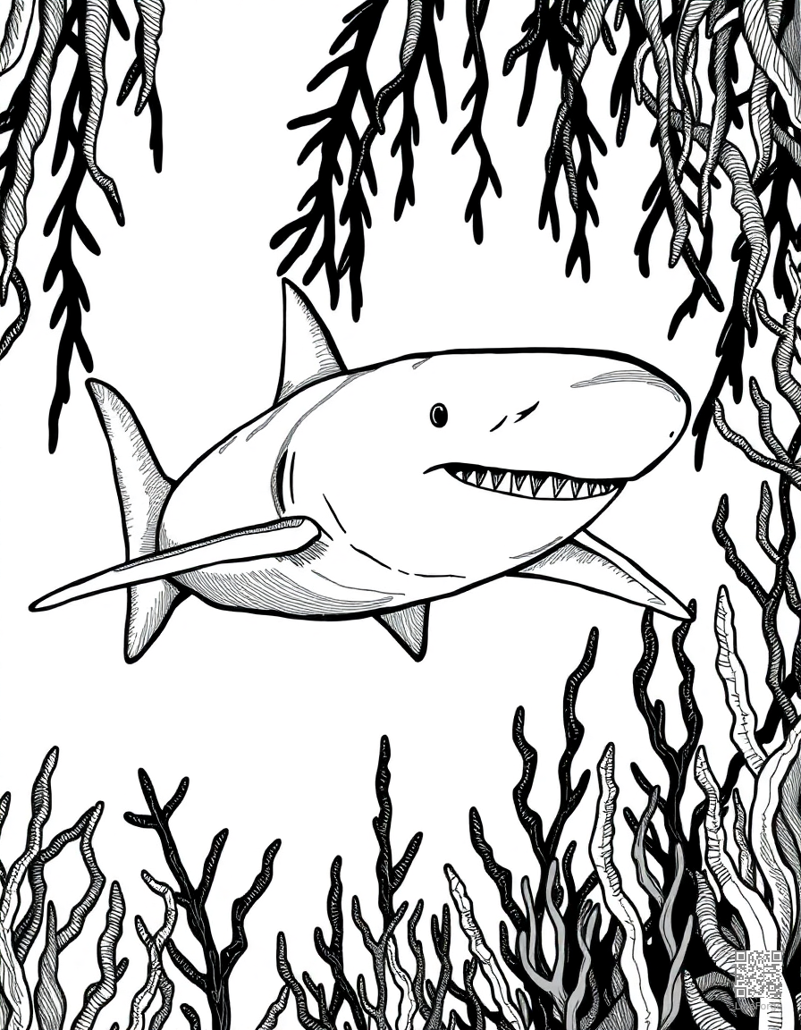 A great white shark swimming through kelp forest coloring page Crosshatch style - free printable