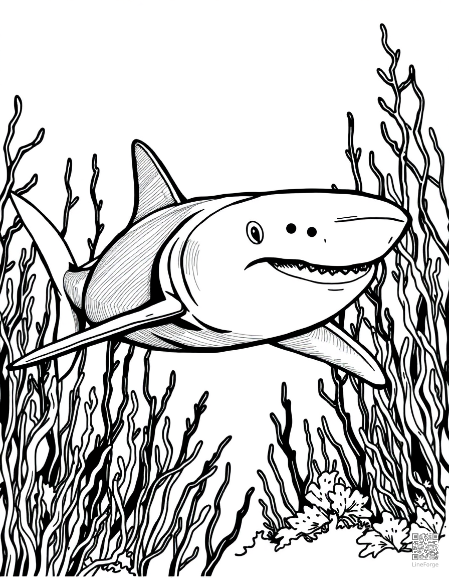 A great white shark swimming through kelp forest coloring page Crosshatch style - free printable
