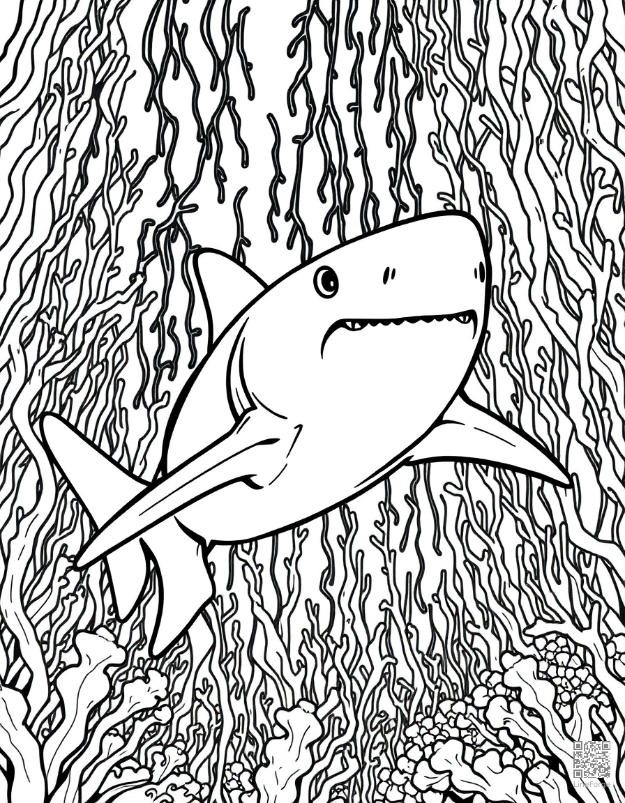 A great white shark swimming through kelp forest coloring page Manga style - free printable