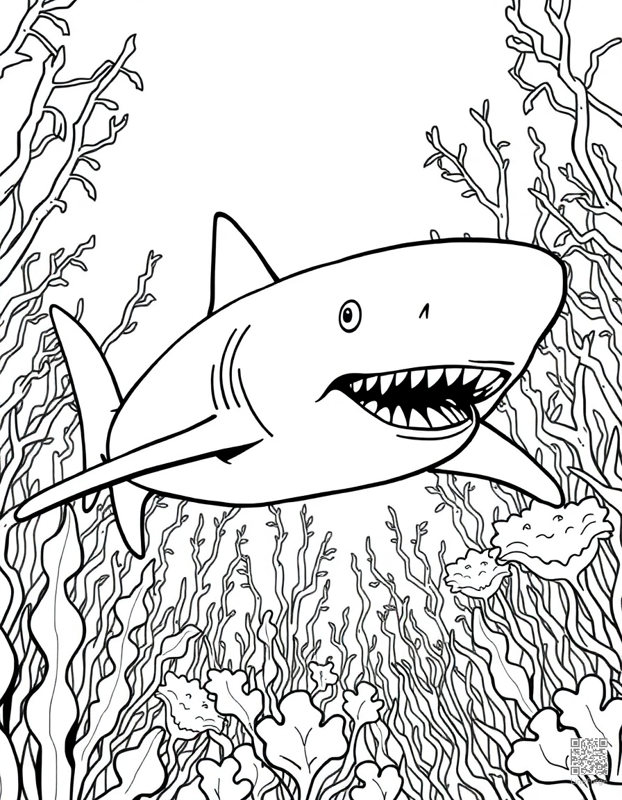 A great white shark swimming through kelp forest coloring page Manga style - free printable