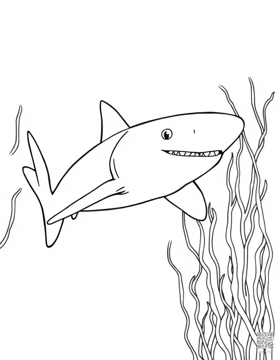 A great white shark swimming through kelp forest coloring page Minimal style - free printable