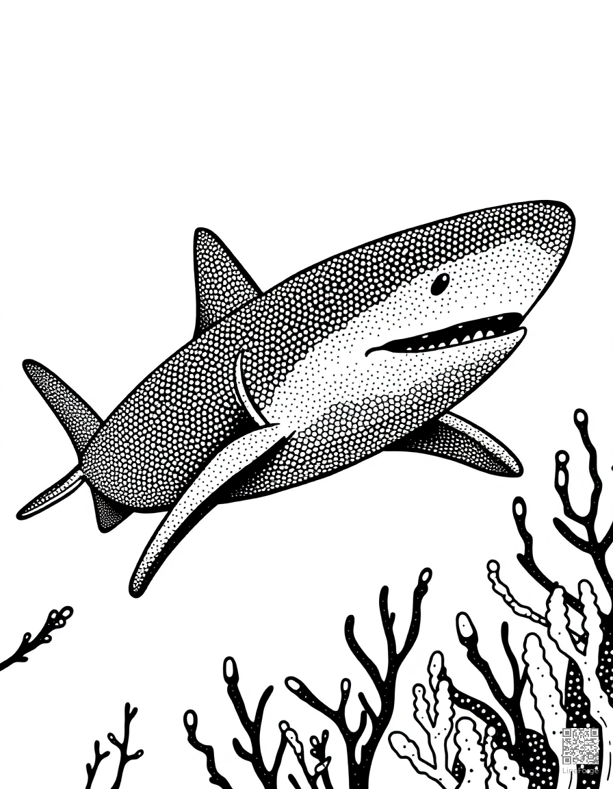 A great white shark swimming through kelp forest coloring page Stipple style - free printable