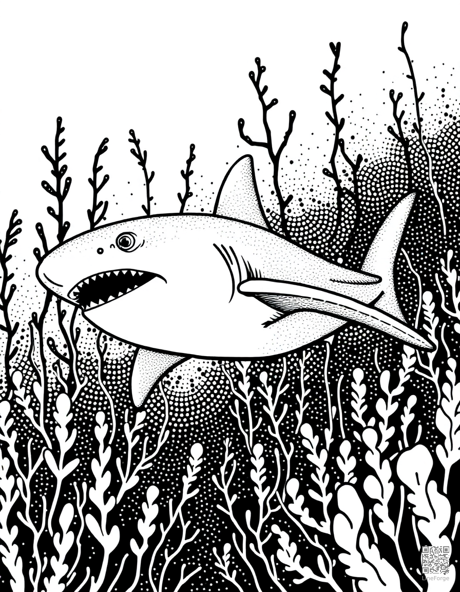 A great white shark swimming through kelp forest coloring page Stipple style - free printable