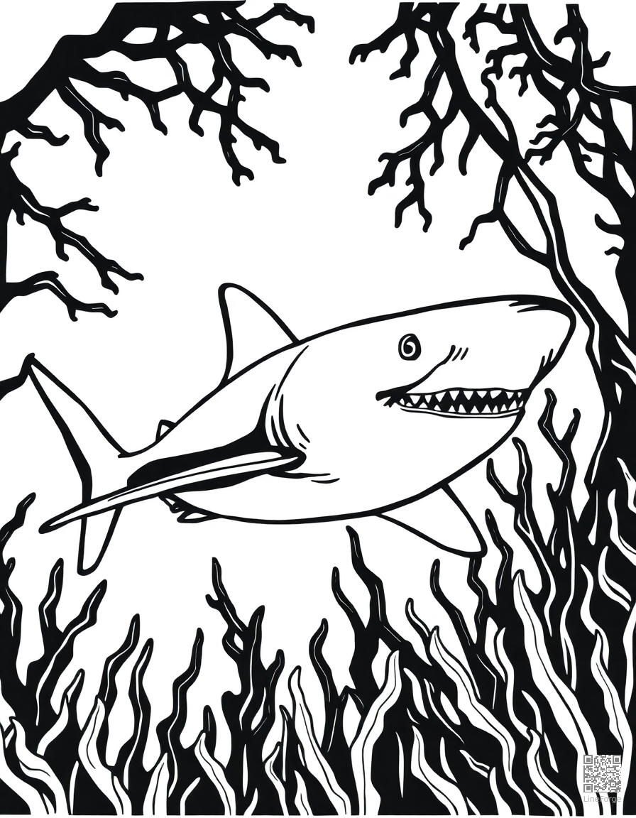 A great white shark swimming through kelp forest coloring page Woodcut style - free printable