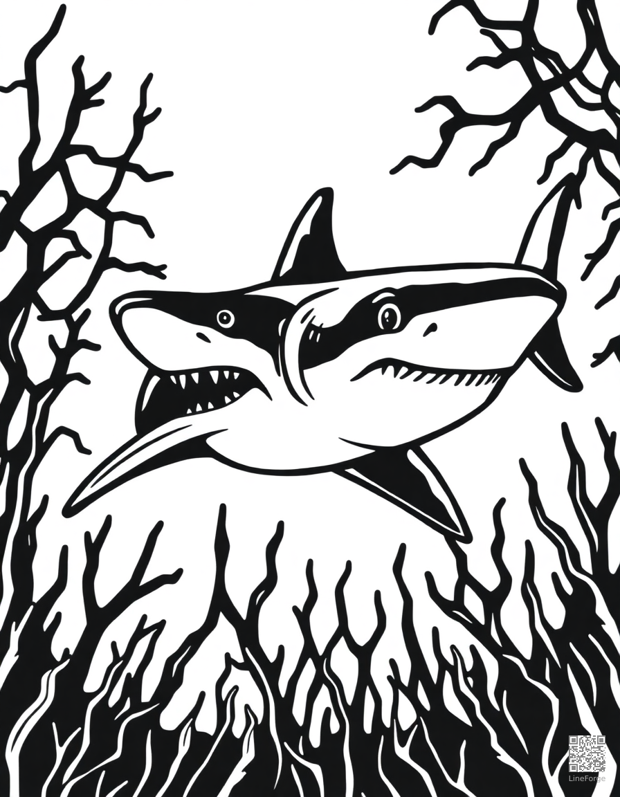 A great white shark swimming through kelp forest coloring page Woodcut style - free printable