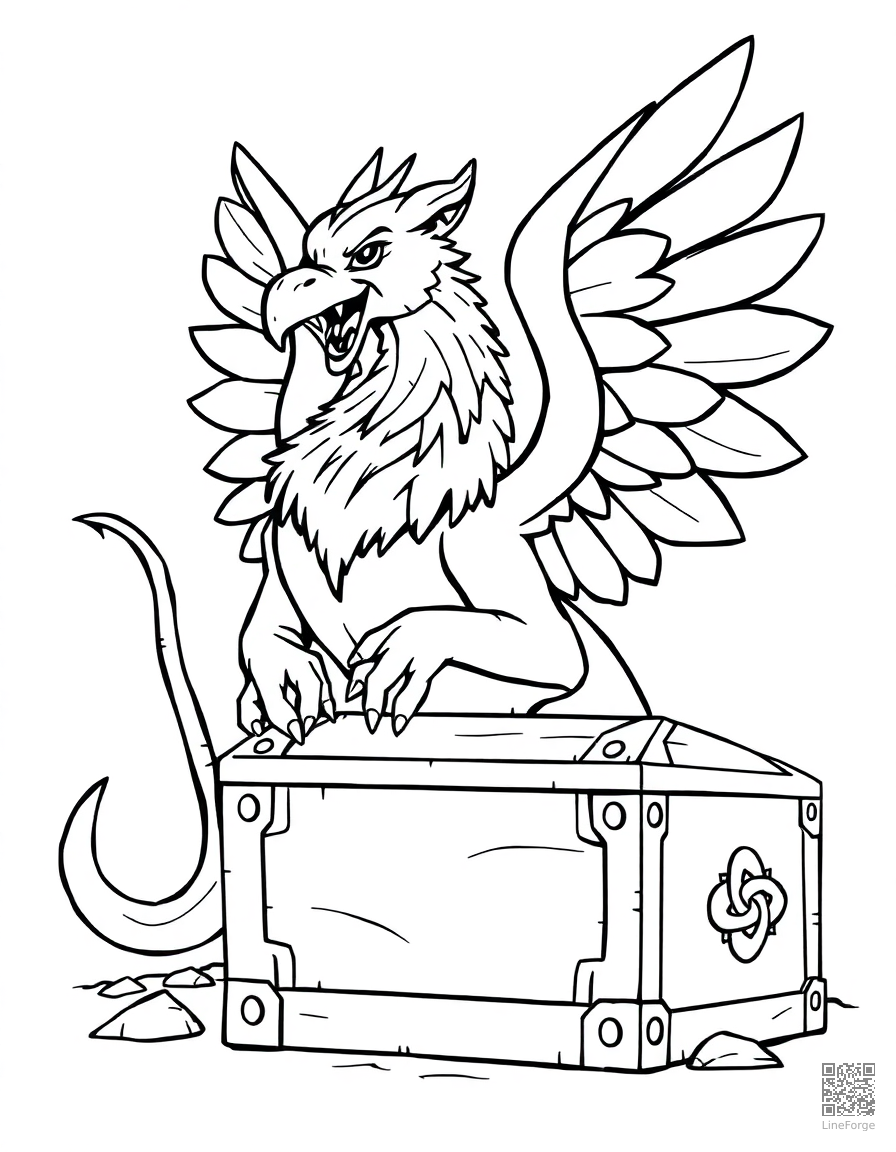A griffin guarding a treasure chest coloring page Contour style - free printable