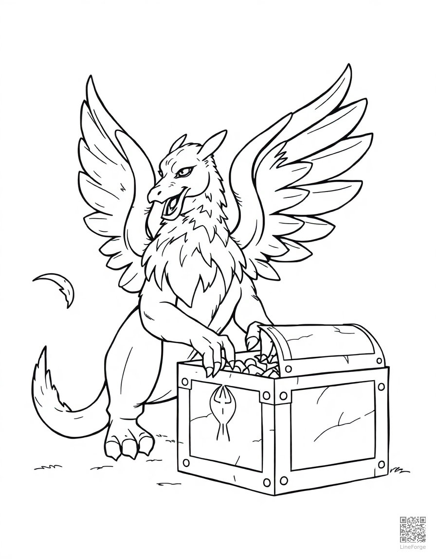 A griffin guarding a treasure chest coloring page Contour style - free printable