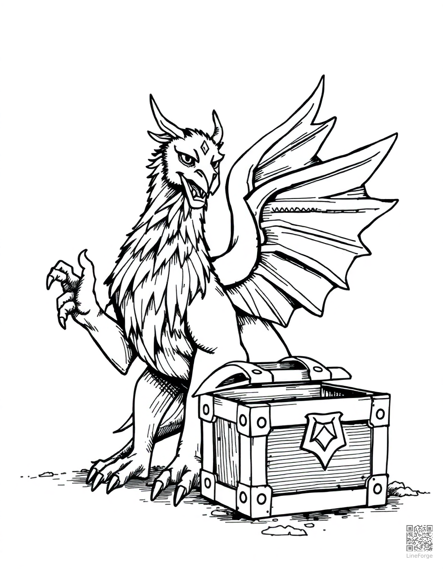 A griffin guarding a treasure chest coloring page Crosshatch style - free printable