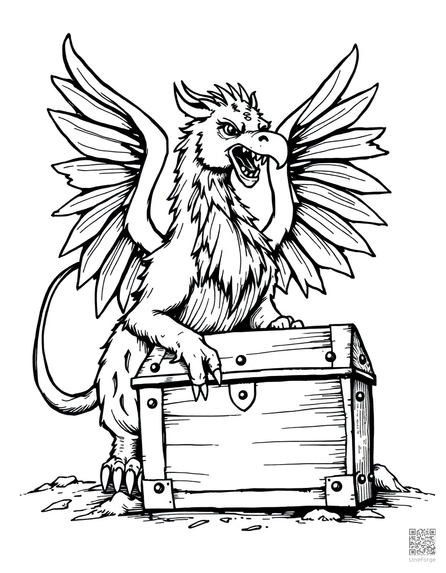 A griffin guarding a treasure chest coloring page Crosshatch style - free printable