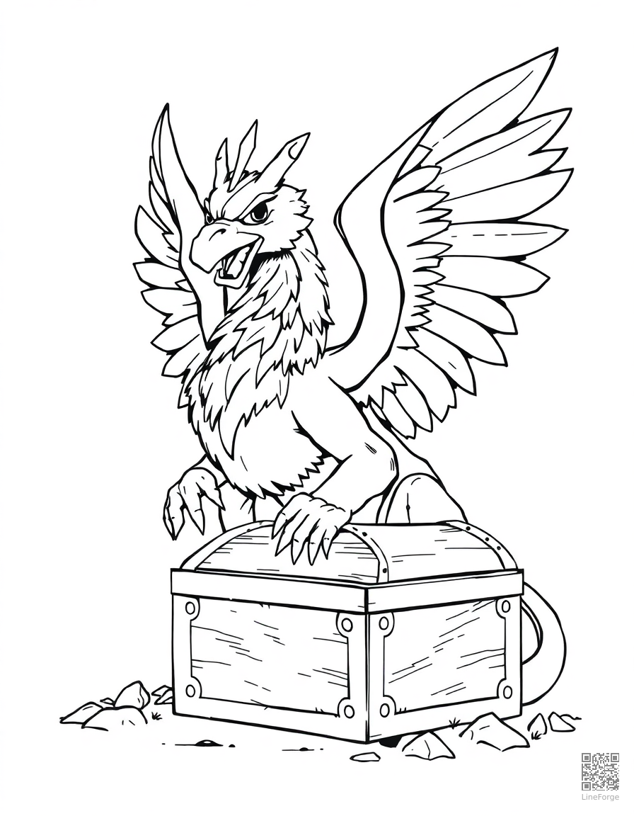 A griffin guarding a treasure chest coloring page Manga style - free printable