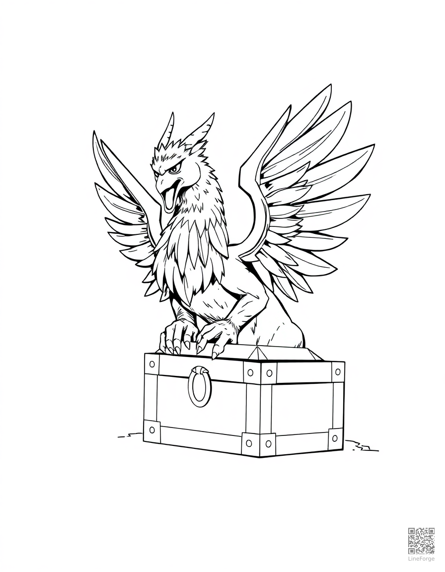 A griffin guarding a treasure chest coloring page Manga style - free printable
