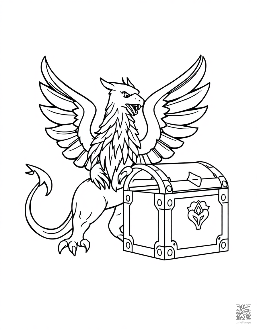A griffin guarding a treasure chest coloring page Minimal style - free printable