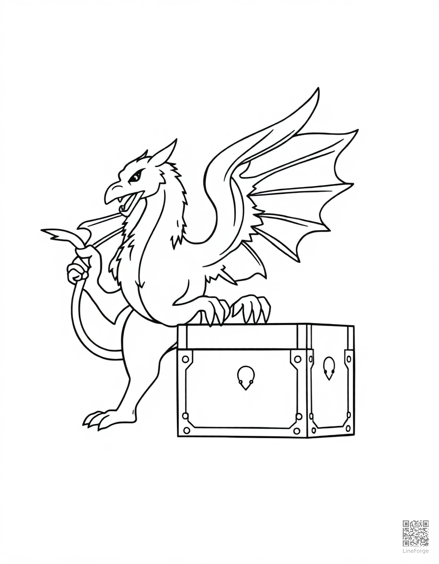 A griffin guarding a treasure chest coloring page Minimal style - free printable