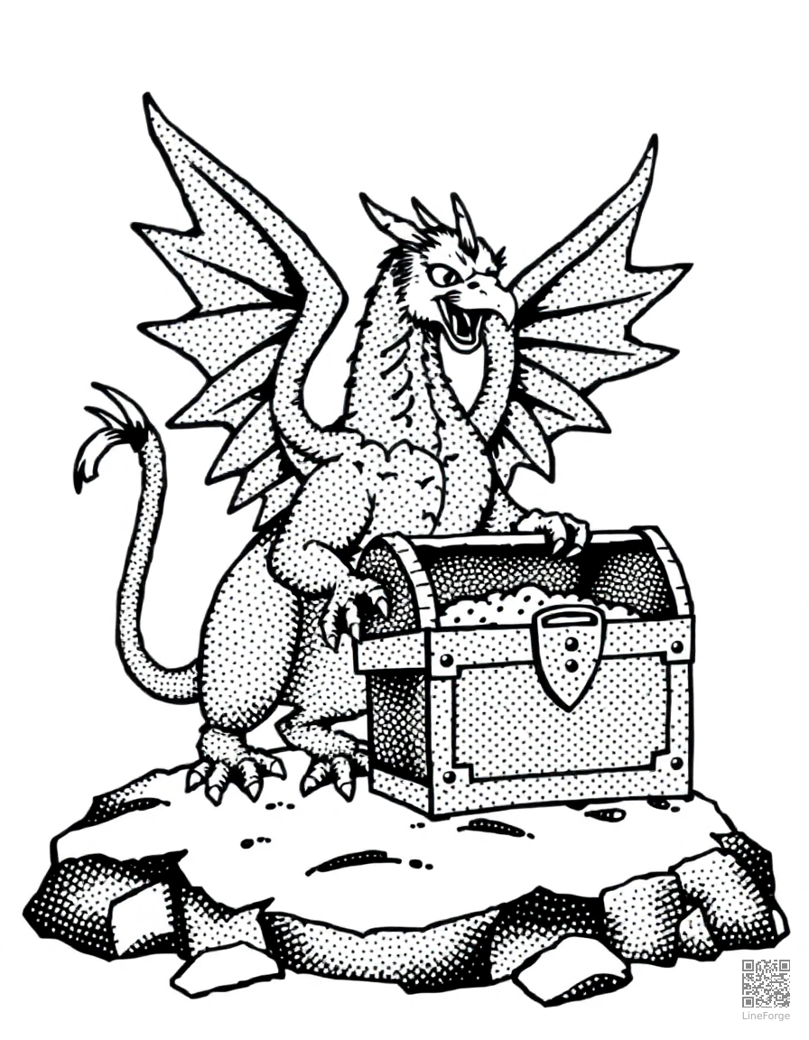 A griffin guarding a treasure chest coloring page Stipple style - free printable