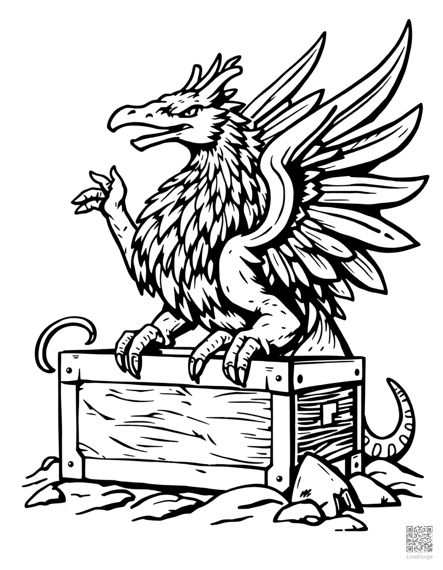 A griffin guarding a treasure chest coloring page Woodcut style - free printable