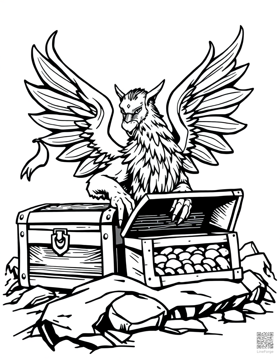 A griffin guarding a treasure chest coloring page Woodcut style - free printable