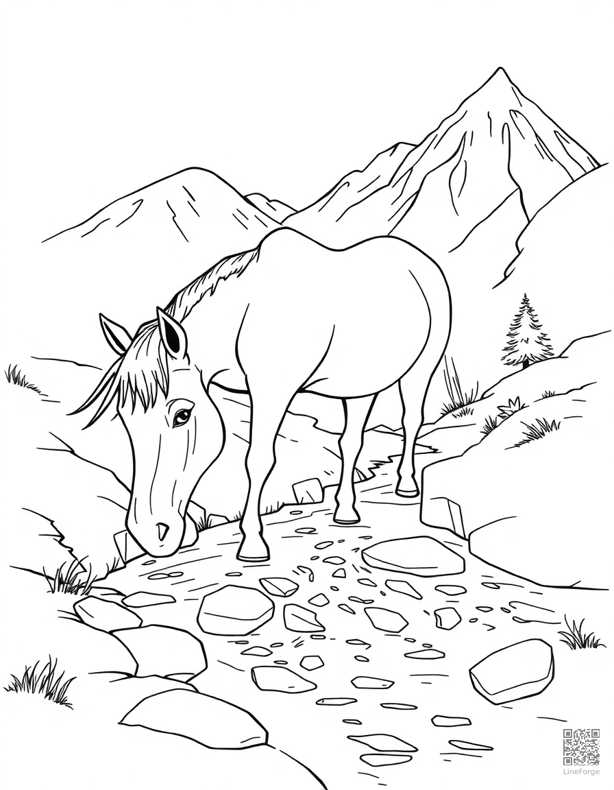 A horse drinking from a mountain stream coloring page Contour style - free printable