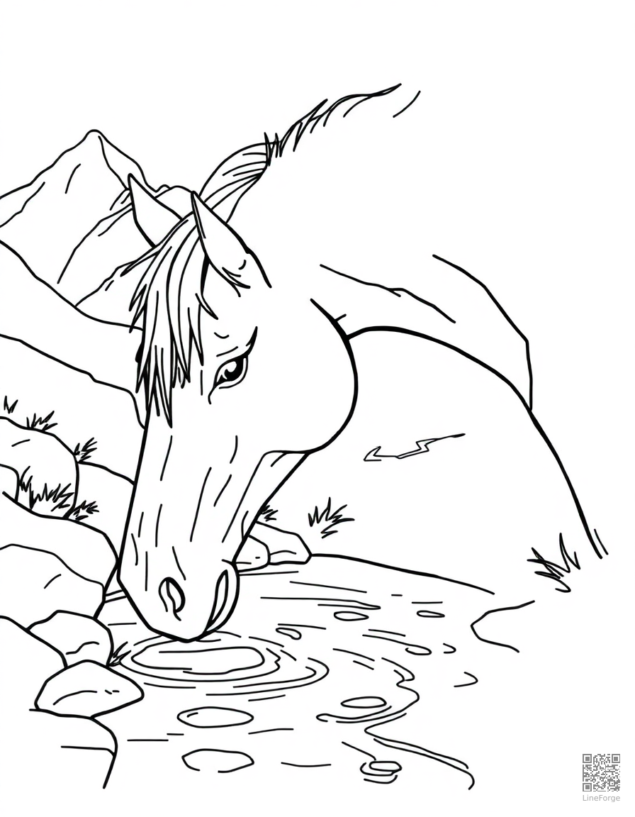 A horse drinking from a mountain stream coloring page Contour style - free printable