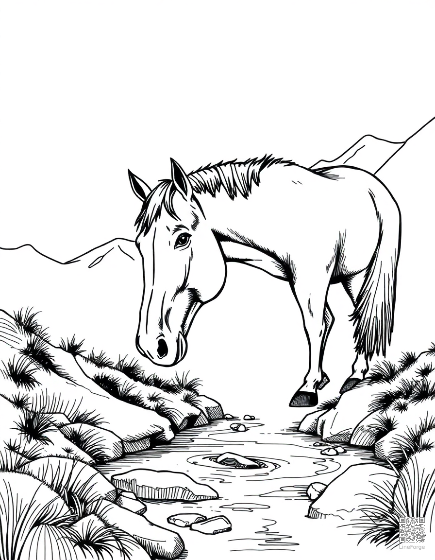 A horse drinking from a mountain stream coloring page Crosshatch style - free printable