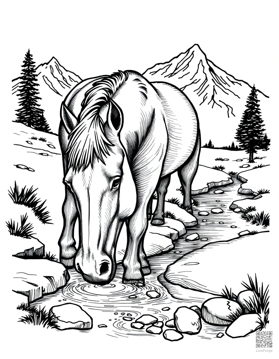 A horse drinking from a mountain stream coloring page Crosshatch style - free printable