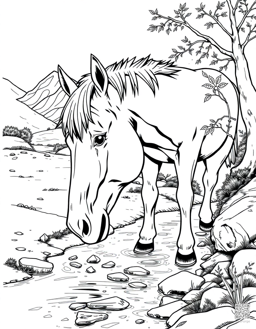 A horse drinking from a mountain stream coloring page Manga style - free printable