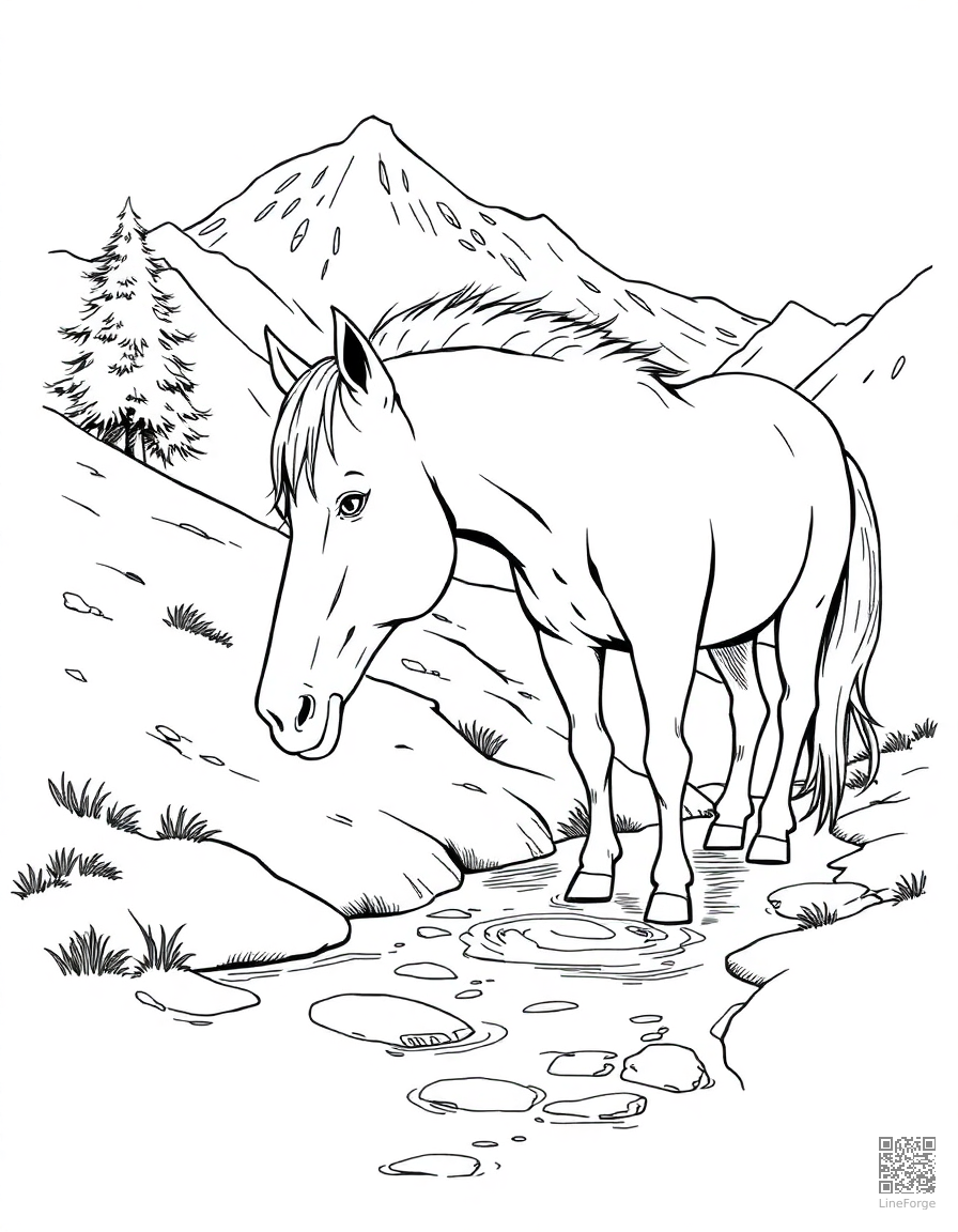 A horse drinking from a mountain stream coloring page Manga style - free printable