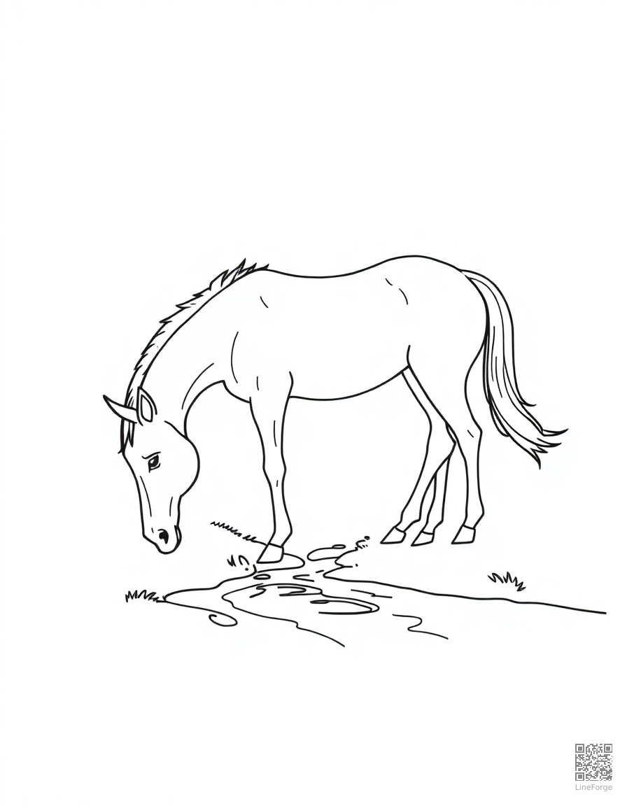 A horse drinking from a mountain stream coloring page Minimal style - free printable