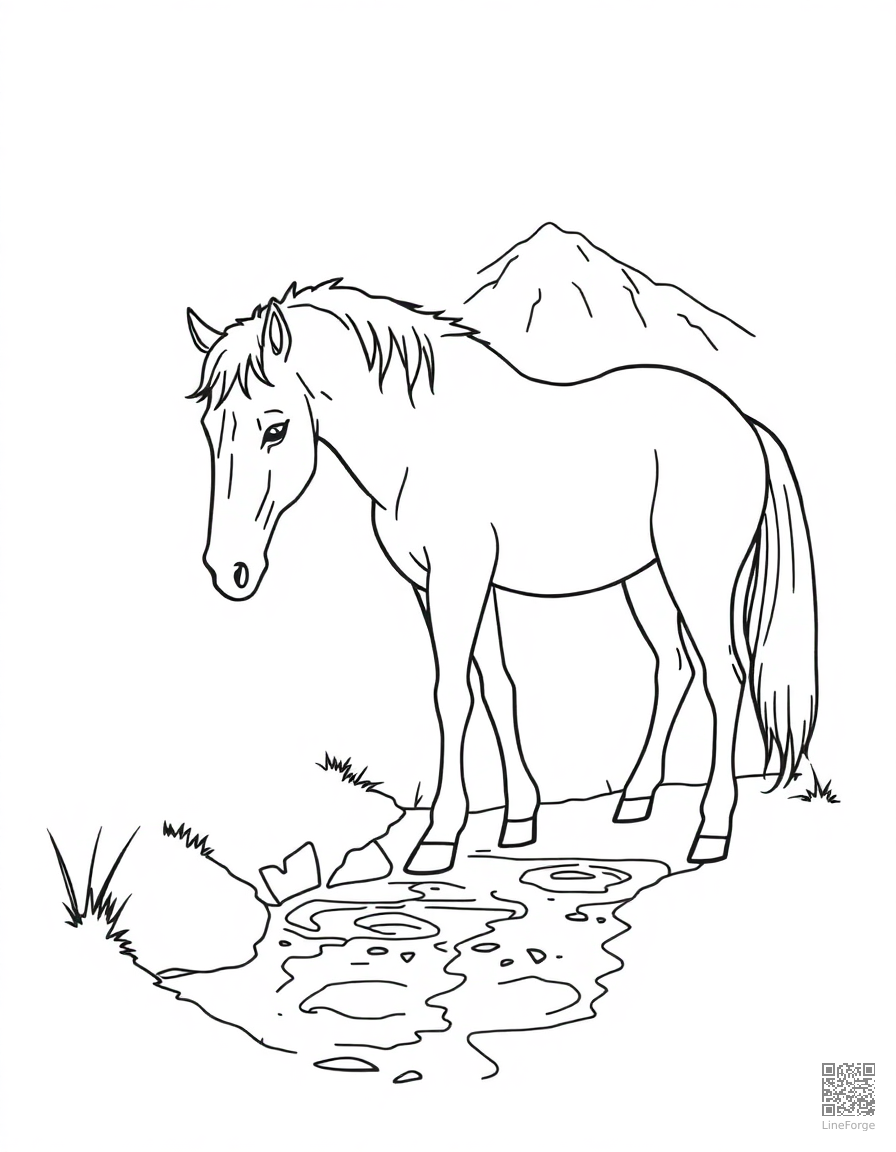 A horse drinking from a mountain stream coloring page Minimal style - free printable