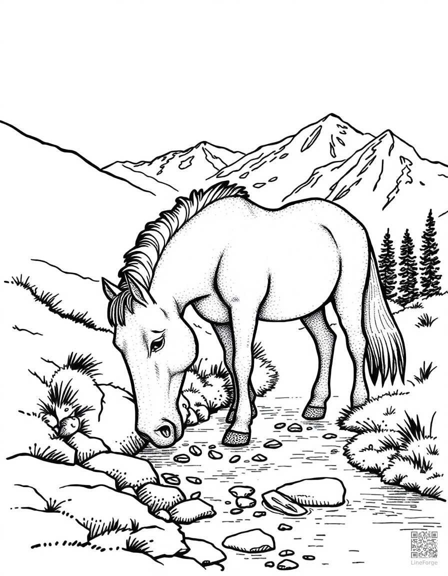 A horse drinking from a mountain stream coloring page Stipple style - free printable