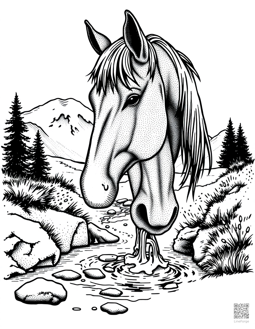 A horse drinking from a mountain stream coloring page Stipple style - free printable